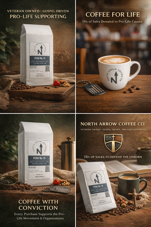 Collage of North Arrow Coffee Co. products including coffee bags, a mug, and a cup with a logo.